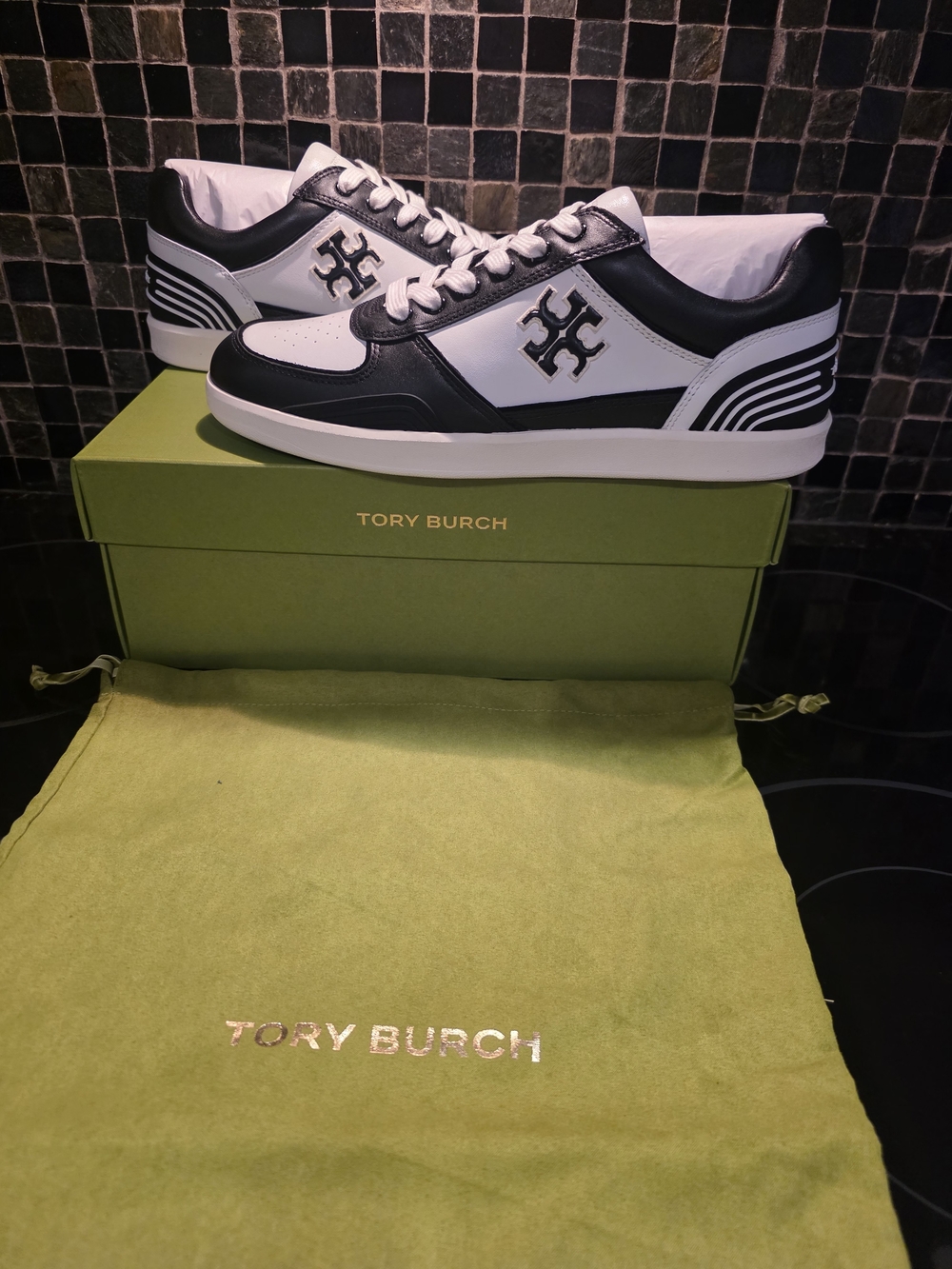 Tory Burch Clover Black and White Leather Sneakers